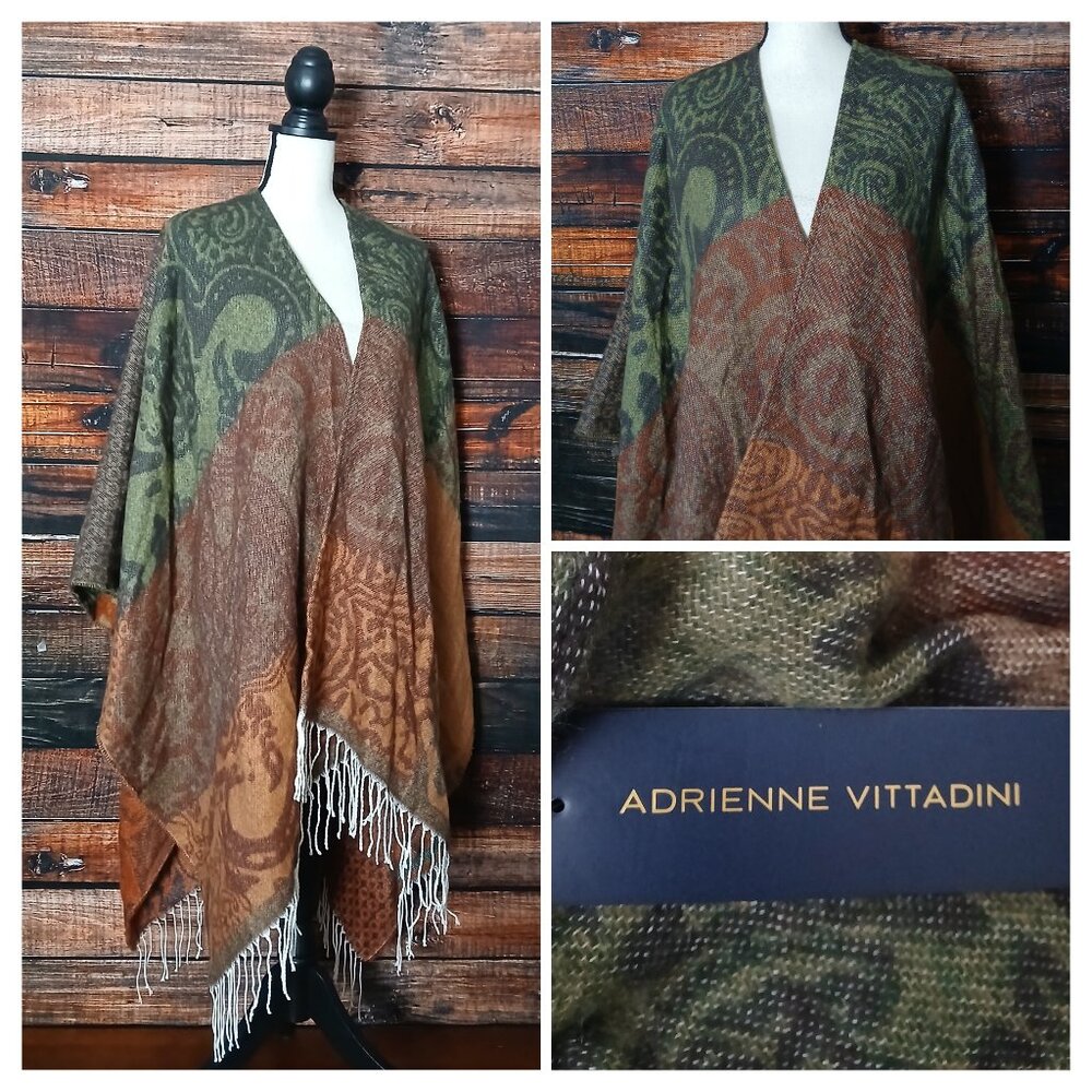 NWT Adrienne Vittadini Wrap Shawl Ruana One Size Bohemian Fringe Poncho Blanket
